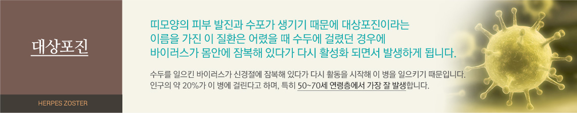 대상포진 - 띠모양의 피부 발진과 수포가 생기기 때문에 대상포진이라는 이름을 가진 이 질환은 어렸을 때 수두에 걸렸던 경우에 바이러스가 몸안에 잠복해 있다가 다시 활성화 되면서 발생하게 됩니다. 수두를 일으킨 바이러스가 신경절에 잠복해 있다가 다시 활동을 시작해 이 병을 일으키키 때문입니다. 인구의 약 20%가 이병에 걸린다고 하며, 특히 50~70세 연령층에서 가장 잘 발생합니다.